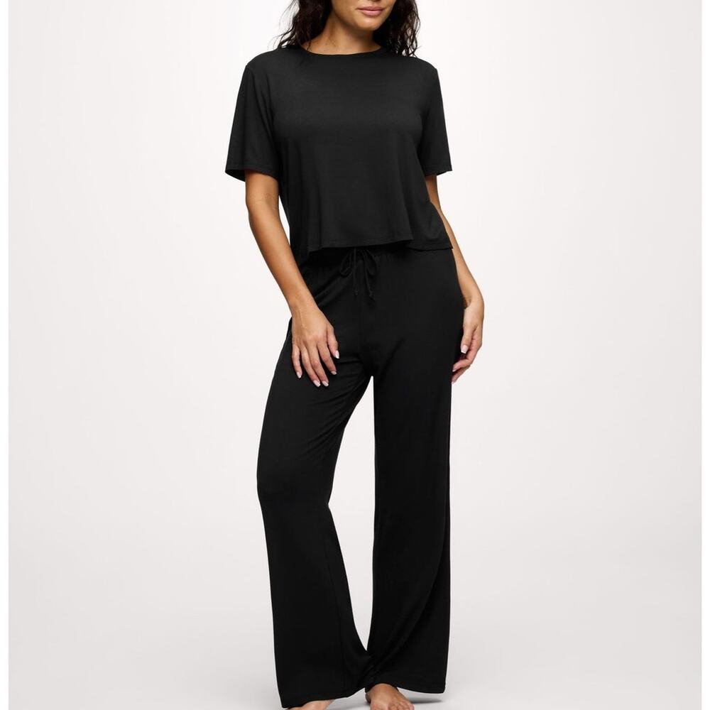 Nuuds (M) Pajama Set Black Modal Crop T-Shirt Wide Leg Lounge Pants Soft PJs